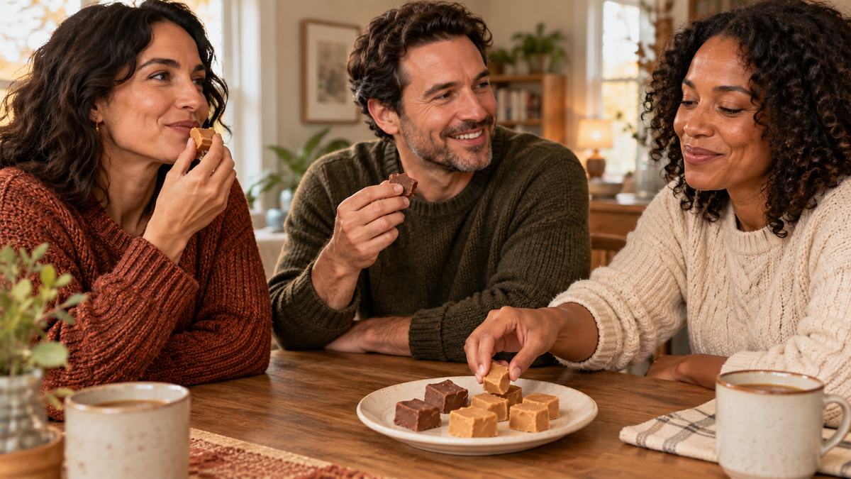 Three friends sharing bite-size fudge around a table in a warm autumn setting.